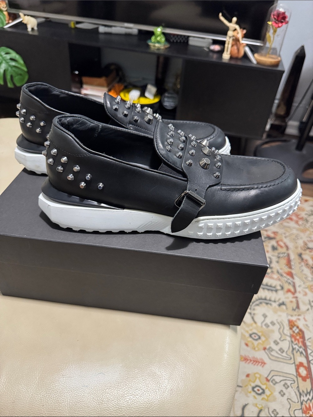 Black Studded Leather Slip-On Sneakers with White Lug Sole - Men